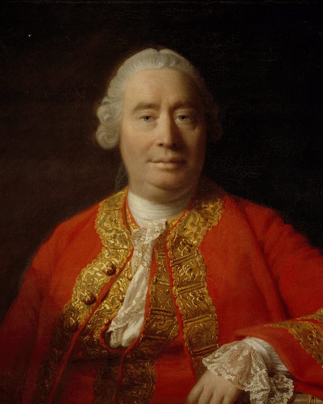 Portrait of David Hume in a red coat with gold embroidery, painted by Allan Ramsay in 1766